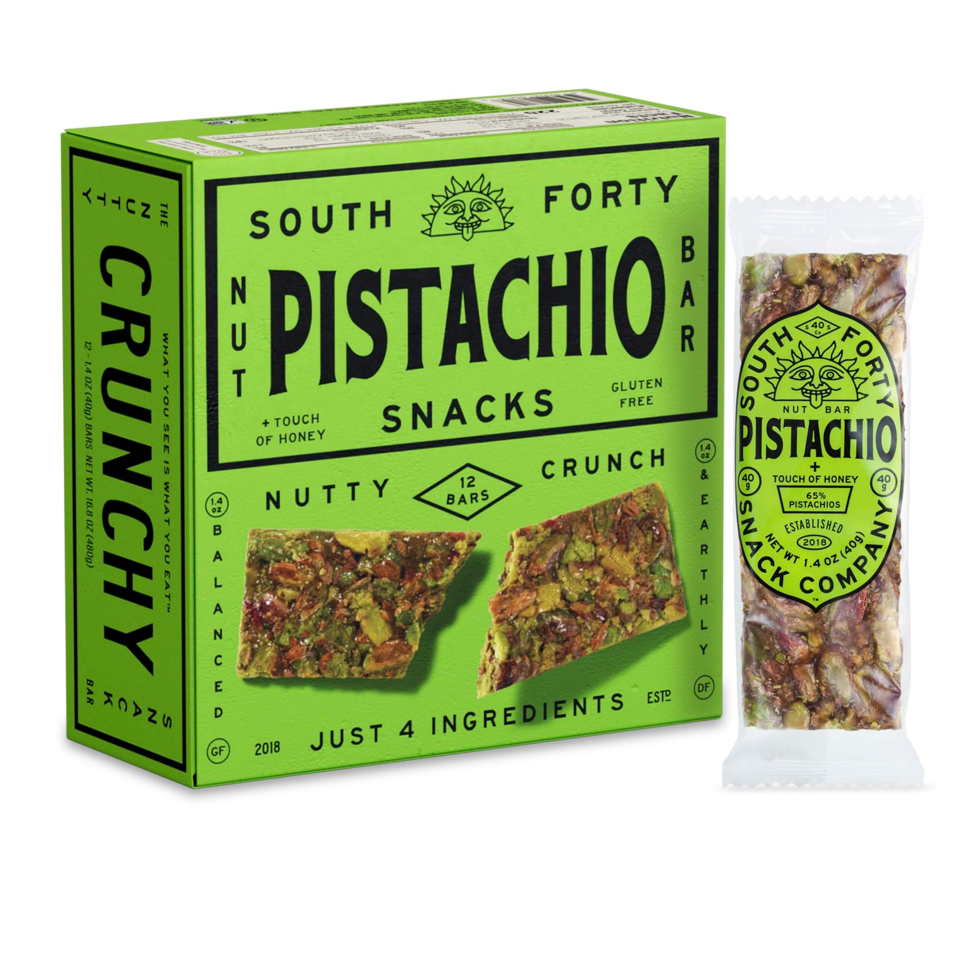 South 40 Snacks Crunchy Pistachio Bar  Just 4 Ingredients  Touch of Honey (40g Bar  Pack of 12)