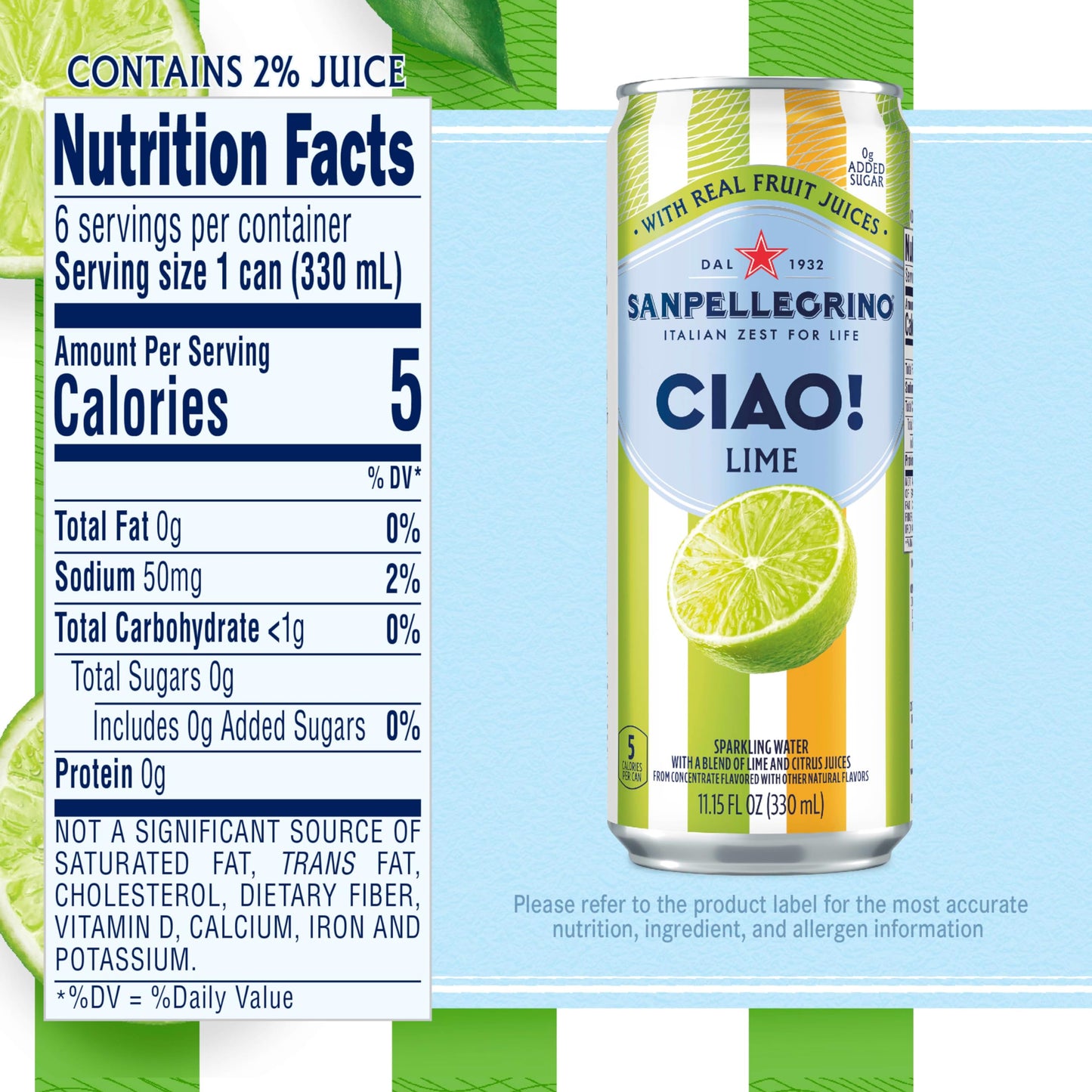 Sanpellegrino CIAO Lime Sparkling Water, Low-Calorie Italian Sparkling Water with Real Fruit Juices, 0g Added Sugar, 6-Pack