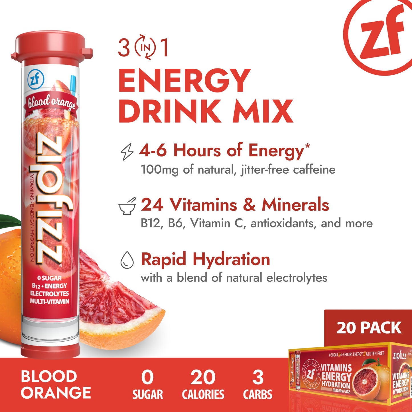 Zipfizz Daily Energy Drink Powder, Blood Orange, Sugar-Free, Electrolyte Powder, 20 Pack (0.39 Ounce each)