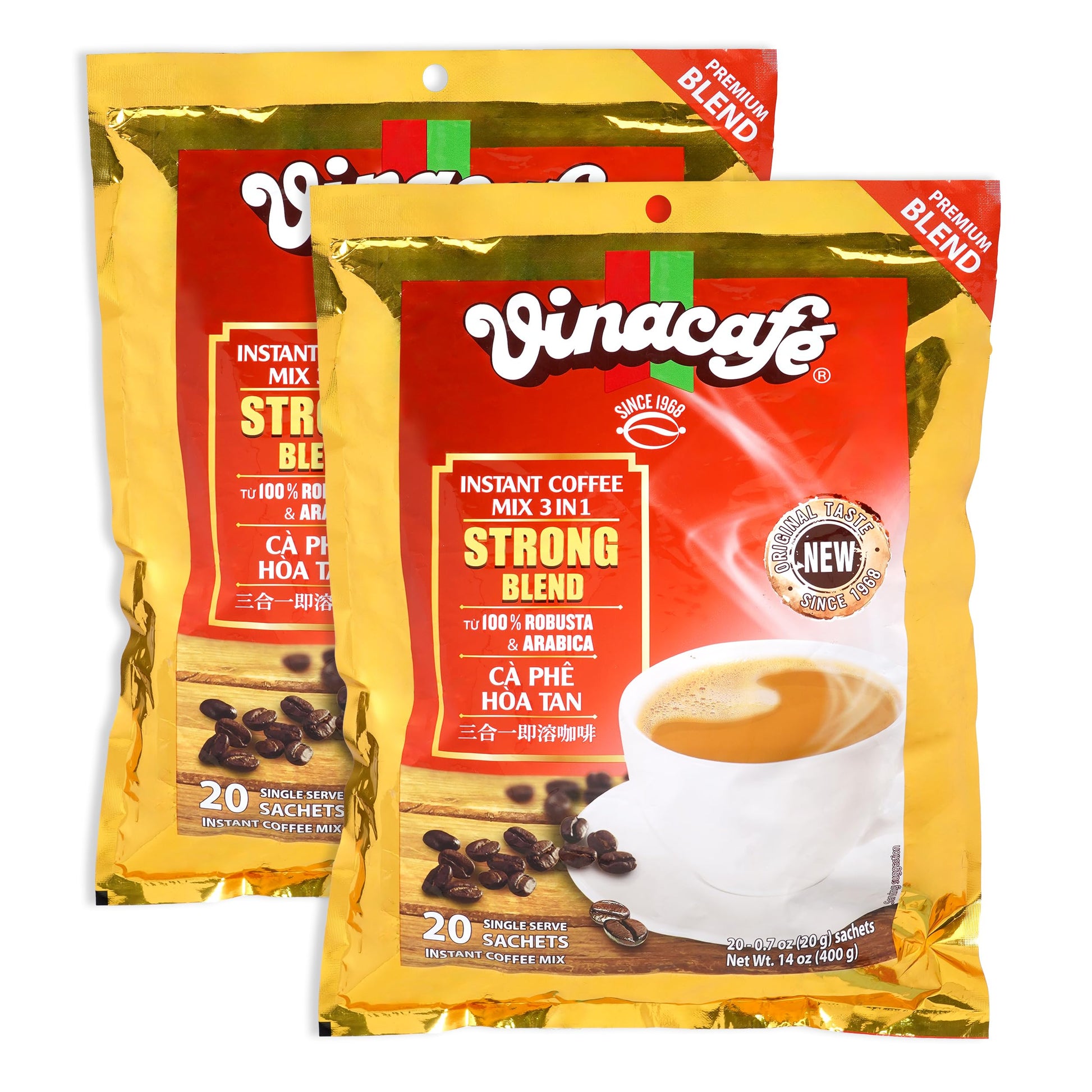Vinacafe 3 in 1 Vietnamese Instant Coffee, Strong Rich Blend, 40 Sachets (2 Bags of 20)