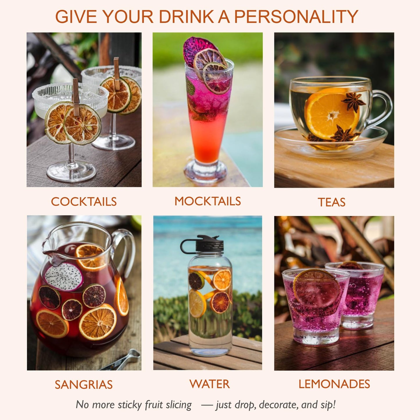 Millin Cocktail Garnish Gift Set - 100% Natural Dehydrated Fruits, 70 Slices + 8 Picks, Large Size, Copper Color