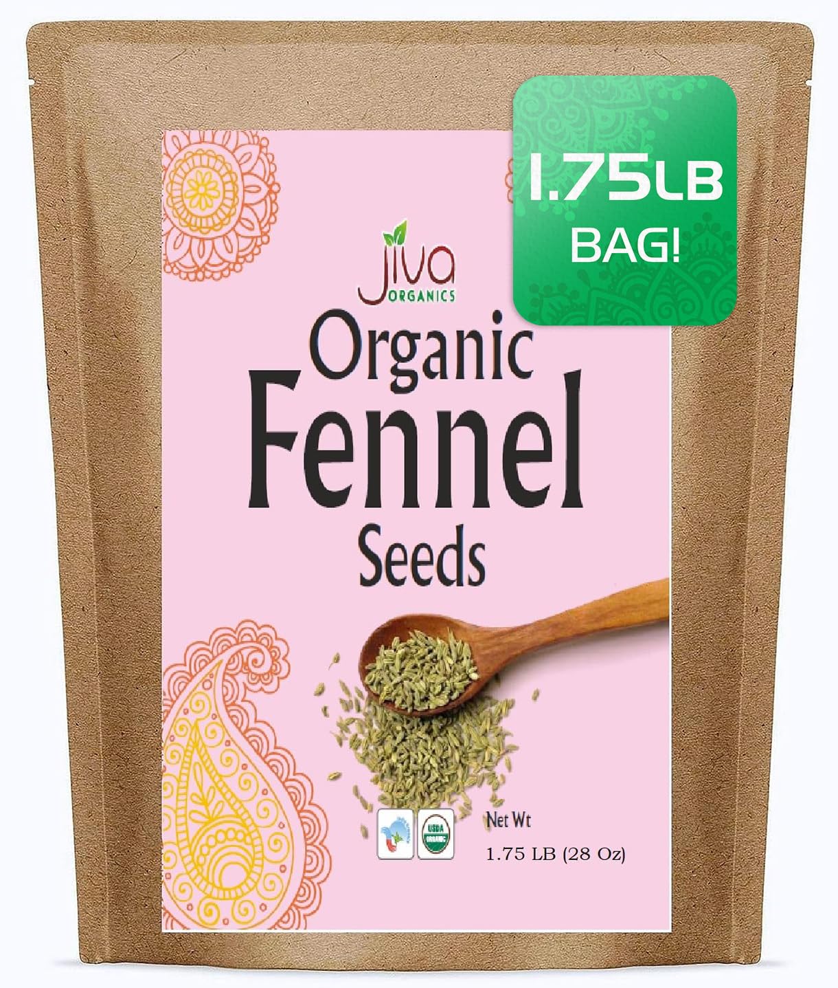 Jiva Organic Fennel Seed 1.75 LB HUGE Bulk Bag, Bulk Whole Fennel Seeds for Fennel Tea and Cooking - Non Irradiated, Non-GMO