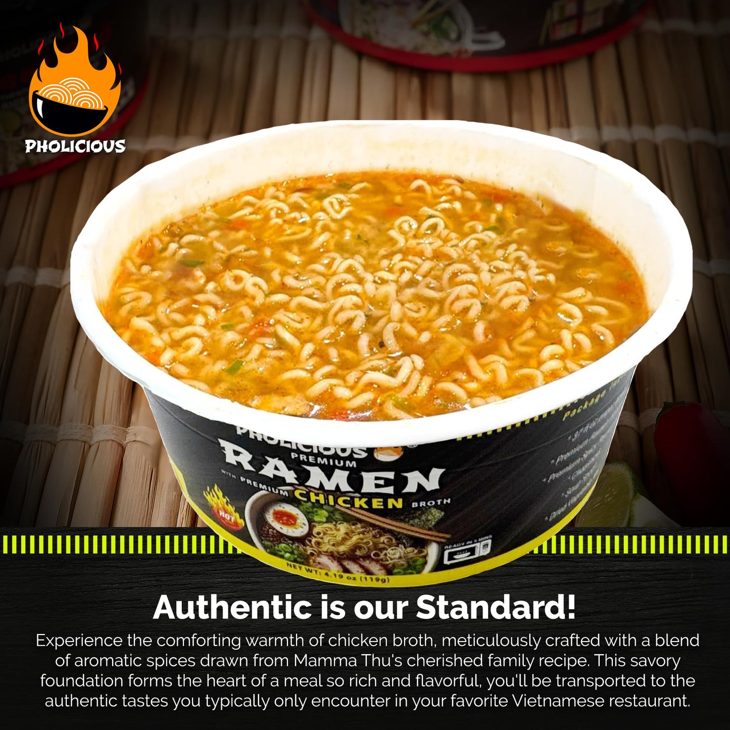 Pholicious All New Spicy Chicken Ramen Noodles - Premium Instant Ramen Bowl With Real Broth Mix With Spices, Asian Food, Microwa