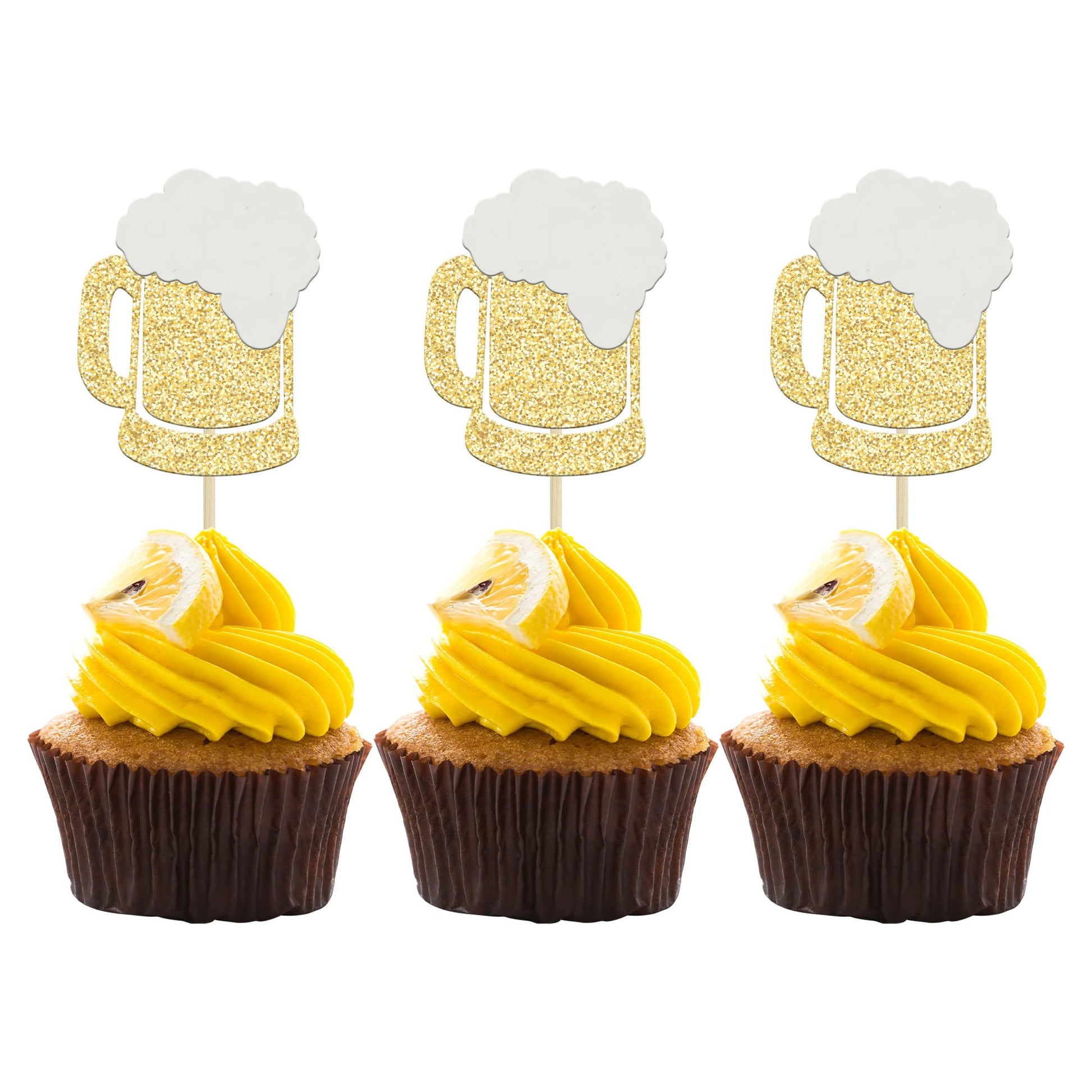 Gyufise Cheers Beer Mug Cupcake Toppers, 24Pcs Gold Glitter Decorations for Birthday Party Supplies