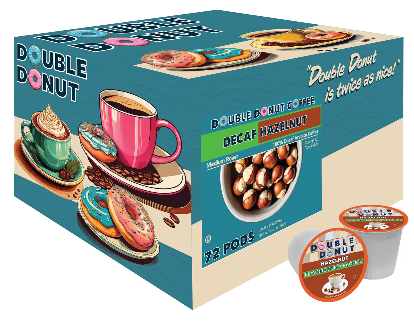 Double Donut Coffee Decaf Hazelnut Flavored Medium Roast Coffee K Cups, 72 Count
