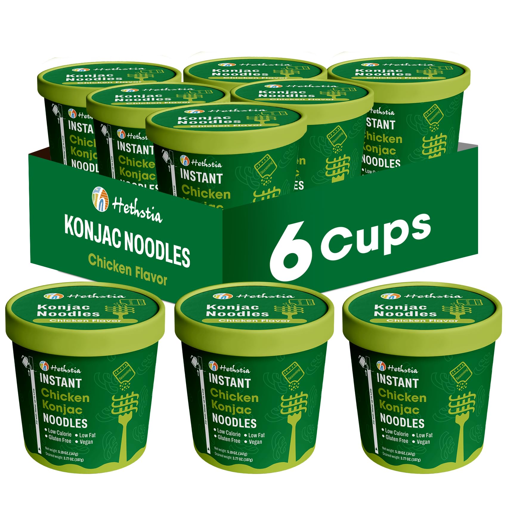 Hethstia Konjac Noodle Chicken Soup, 6-Pack Instant Shirataki Noodle Soup Cups - Low-Calorie, Sugar-Free, Low-Carb, Gluten-Free,