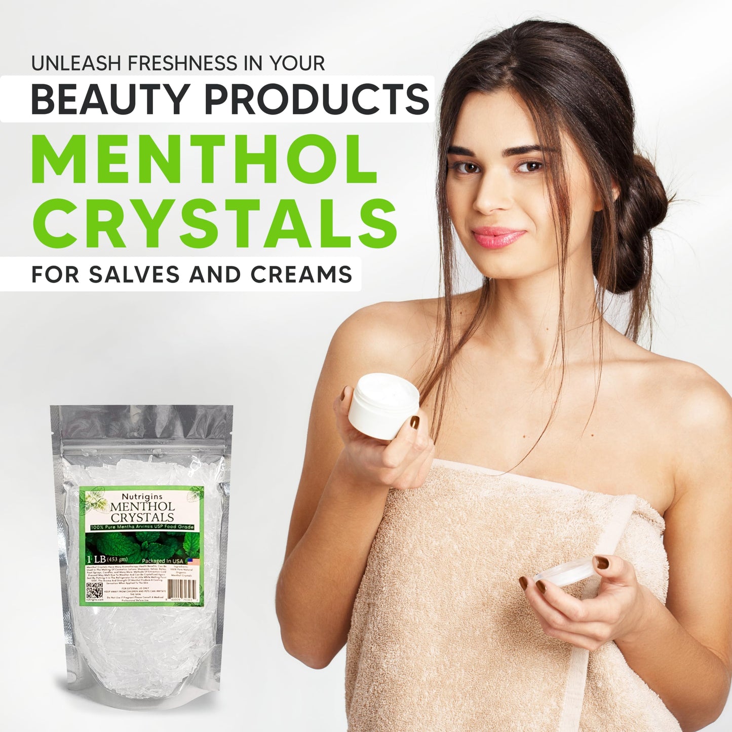 Nutrigins Menthol Crystal 1 Lb - Pure Organic 100% Natural - Menthol Crystals From Mint Crystal Mints Mentha Arvensis - Comes In Resealable Standup Bag For Long-Lasting Freshness