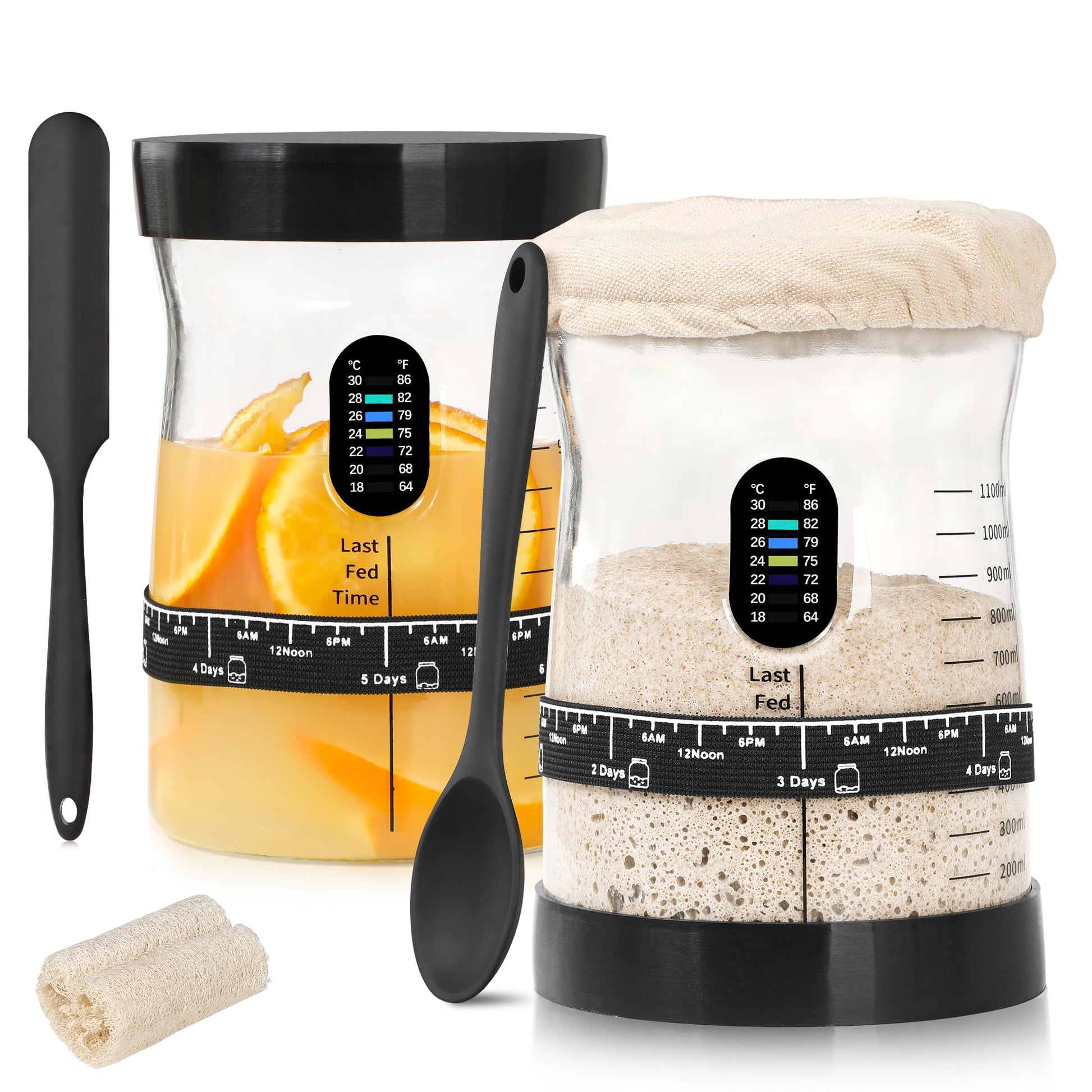 Arbnic Sourdough Starter Kit - 2 Glass Jars, Thermometer, Feeding Band, Large Capacity