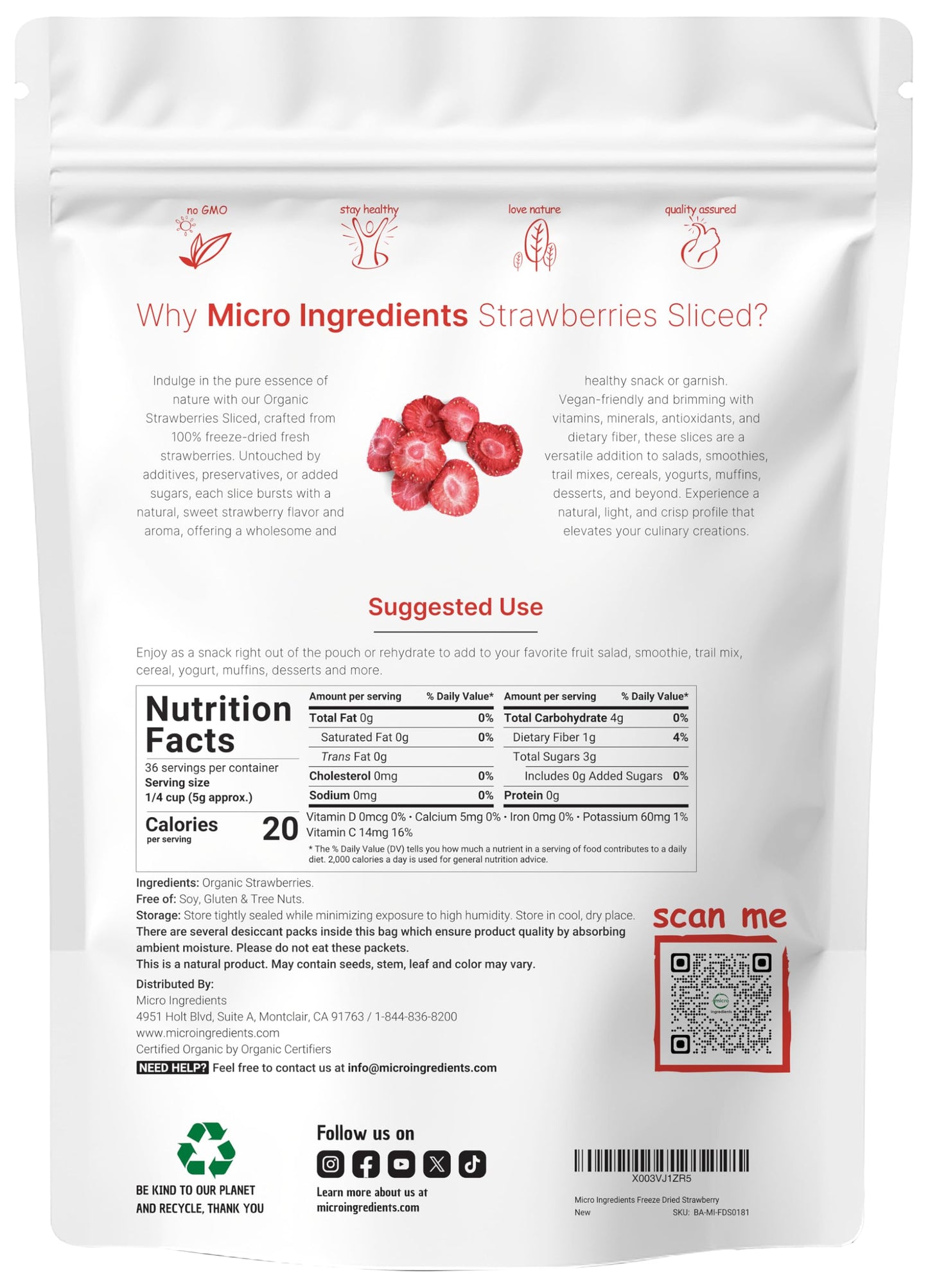 Micro Ingredients Organic Freeze Dried Strawberries, 6.4oz, No Sugar, Non-GMO, Vegan, Healthy Snack & Topping