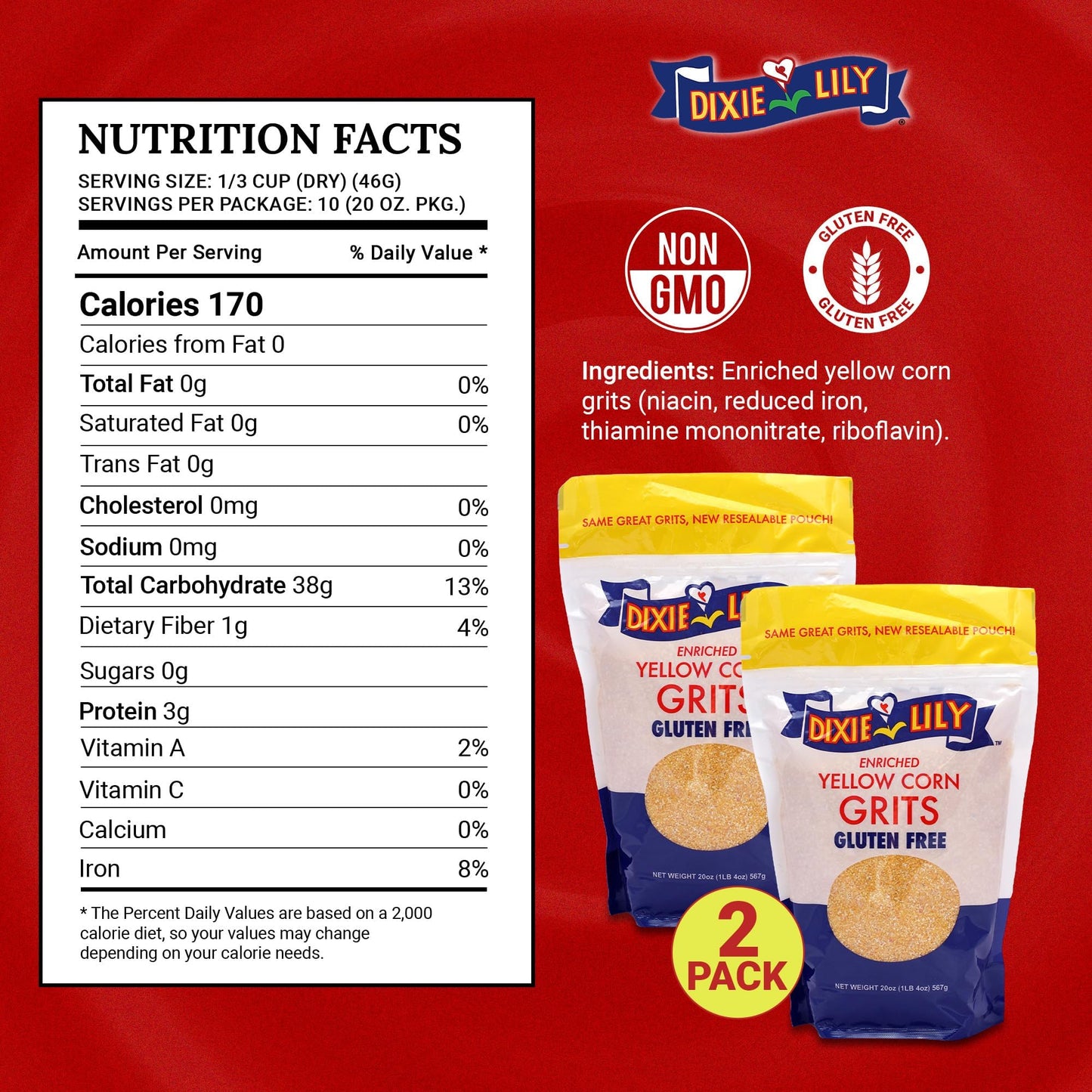 Dixie Lily Yellow Grits - 2 x 20 oz Packs with Recipe Card, Corn Grits, Gluten-Free