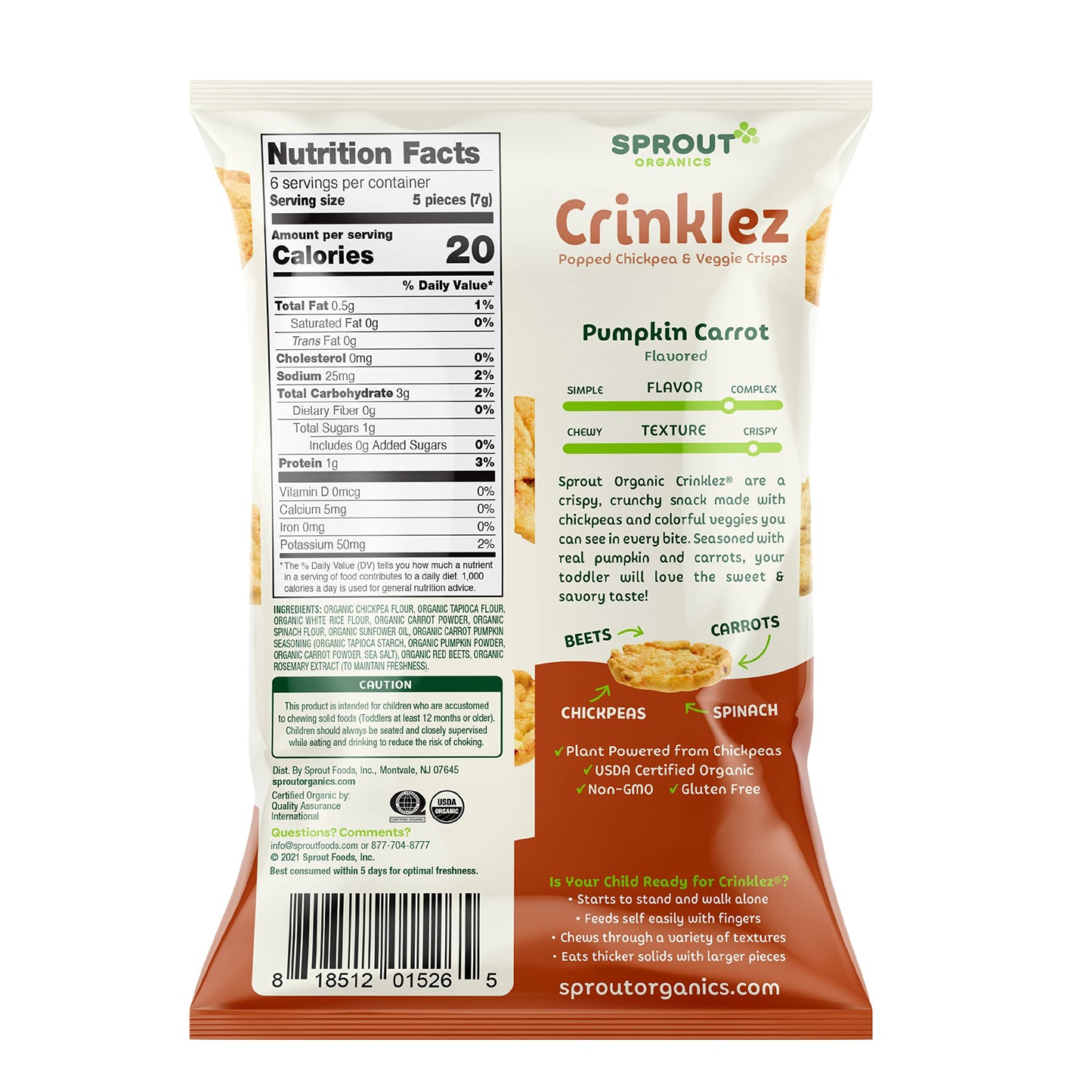 Sprout Organic Baby Food, Stage 4 Toddler Veggie Snacks, Pumpkin Carrot Crinklez, 1.48 Ounce (Pack Of 6)