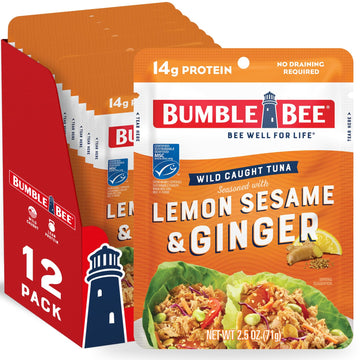 Bumble Bee Tuna Pouches, Lemon Sesame & Ginger, 2.5 oz, Pack of 12, Wild Caught, 13g Protein per Serving