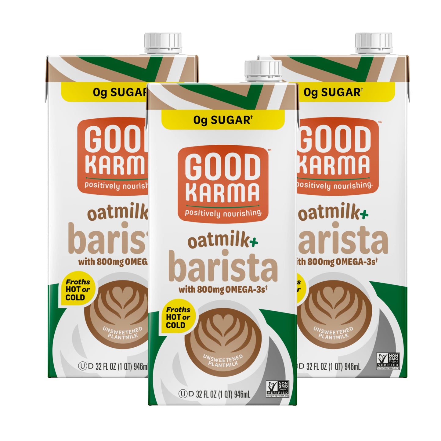 Good Karma Unsweetened Oatmilk + Barista Blend, 32 Ounce (Pack Of 3), 800Mg Omega -3S, Plant-Based Non-Dairy Milk Creamer Alternative With Oats, Flax And Peas, Lactose Free, Vegan, Shelf Stable