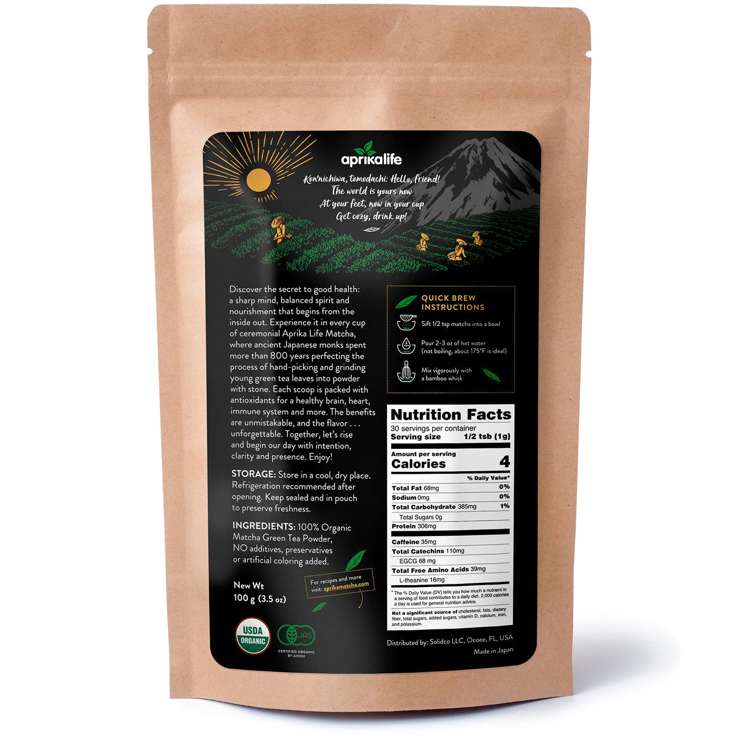Aprikalife Organic Matcha Powder, Usda & Jas Certified, No Sugar Added, Authentic Japanese Ceremonial Grade Matcha Green Tea Powder, 3.5 Oz/100G