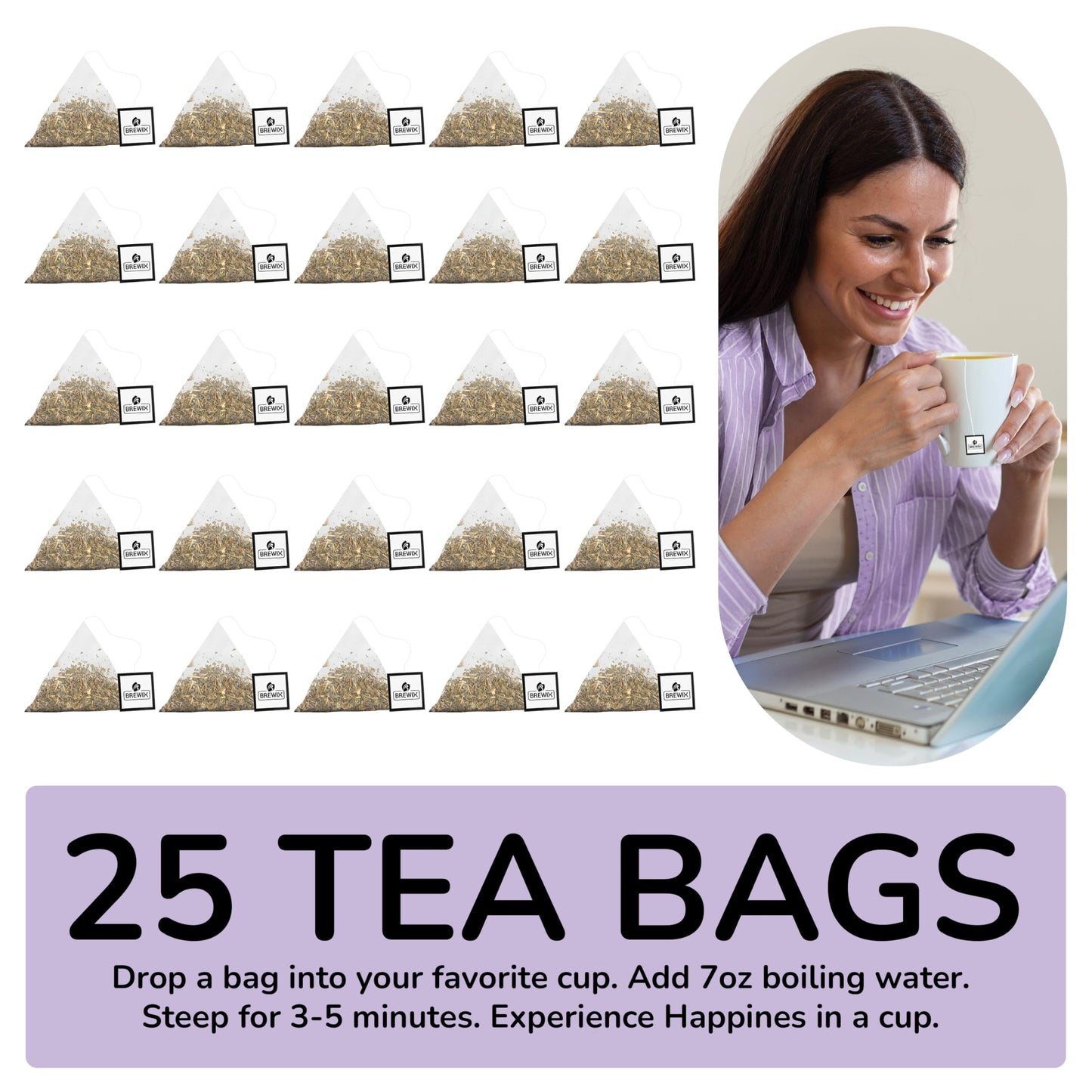 BREWIX Lavender Mint Herbal Tea, Caffeine Free, 25 Pyramid Bags