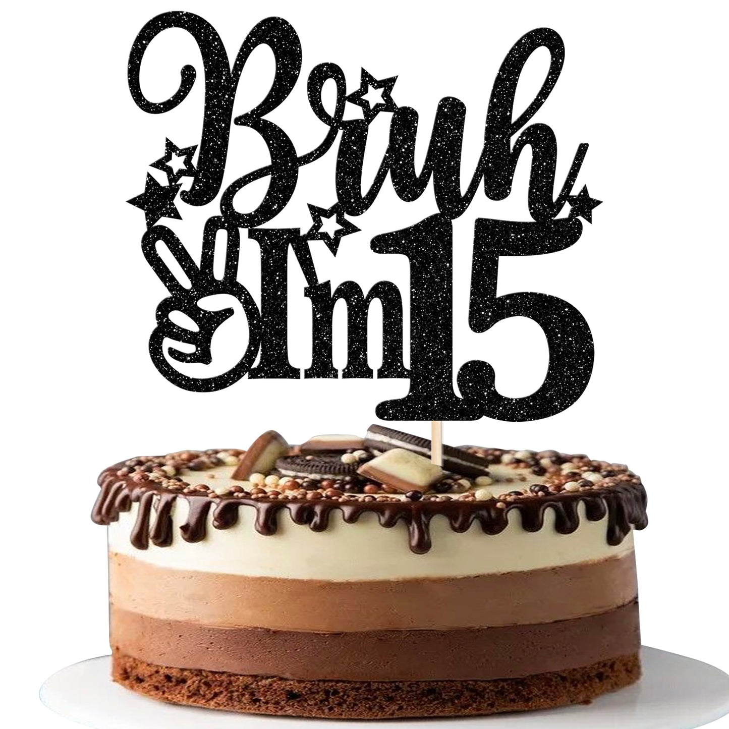 Rsstarxi Cake Topper - Black Star Glitter, 15th Birthday Decoration, Model XM1222-15 Black, Cheers to 15 Years, 1 Pack