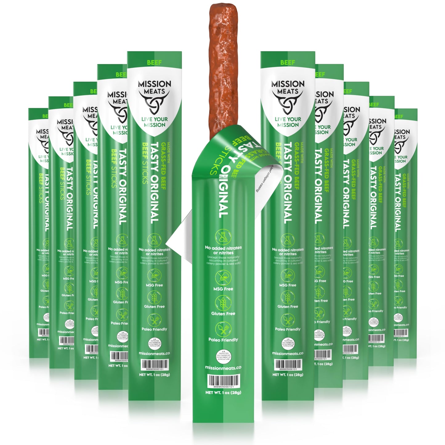MISSION MEATS Beef Sticks - 100% Grass Fed, Zero Sugar, Gluten Free, 10 oz (Pack of 10)