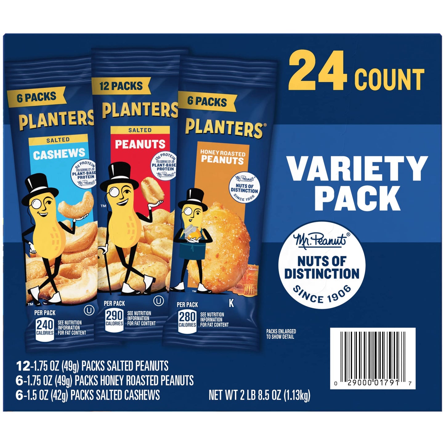 PLANTERS Peanuts & Cashews Variety Pack, 40.5 oz, 24 Count, Includes Honey Roasted Peanuts, Salted Peanuts, Salted Cashews
