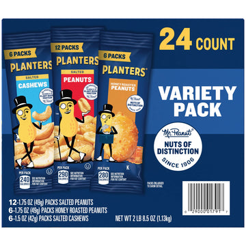 PLANTERS Peanuts & Cashews Variety Pack, 40.5 oz, 24 Count, Includes Honey Roasted Peanuts, Salted Peanuts, Salted Cashews