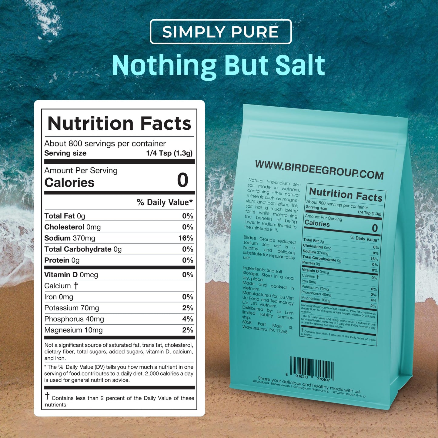 Birdee Baja Sea Salt - 35.2 oz., Unrefined Baja Mineral Sea Salt, Fine Grain High Mineral Sea Salt, 82 Minerals Fine Grain, Natu