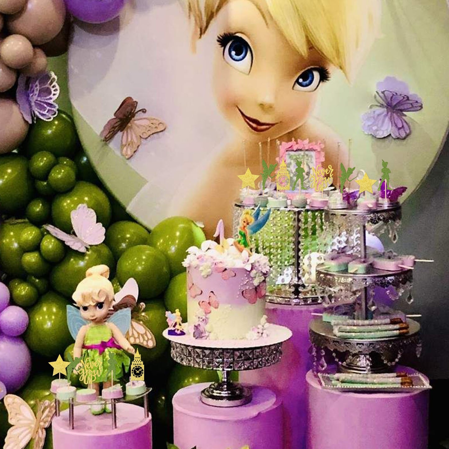 ZHUOWEISM Cupcake Toppers, 30 PCS Glitter Peter Pan Clock Tower Picks, Gold Green Design, Paper Decorations for Baby Shower, Birthday Party