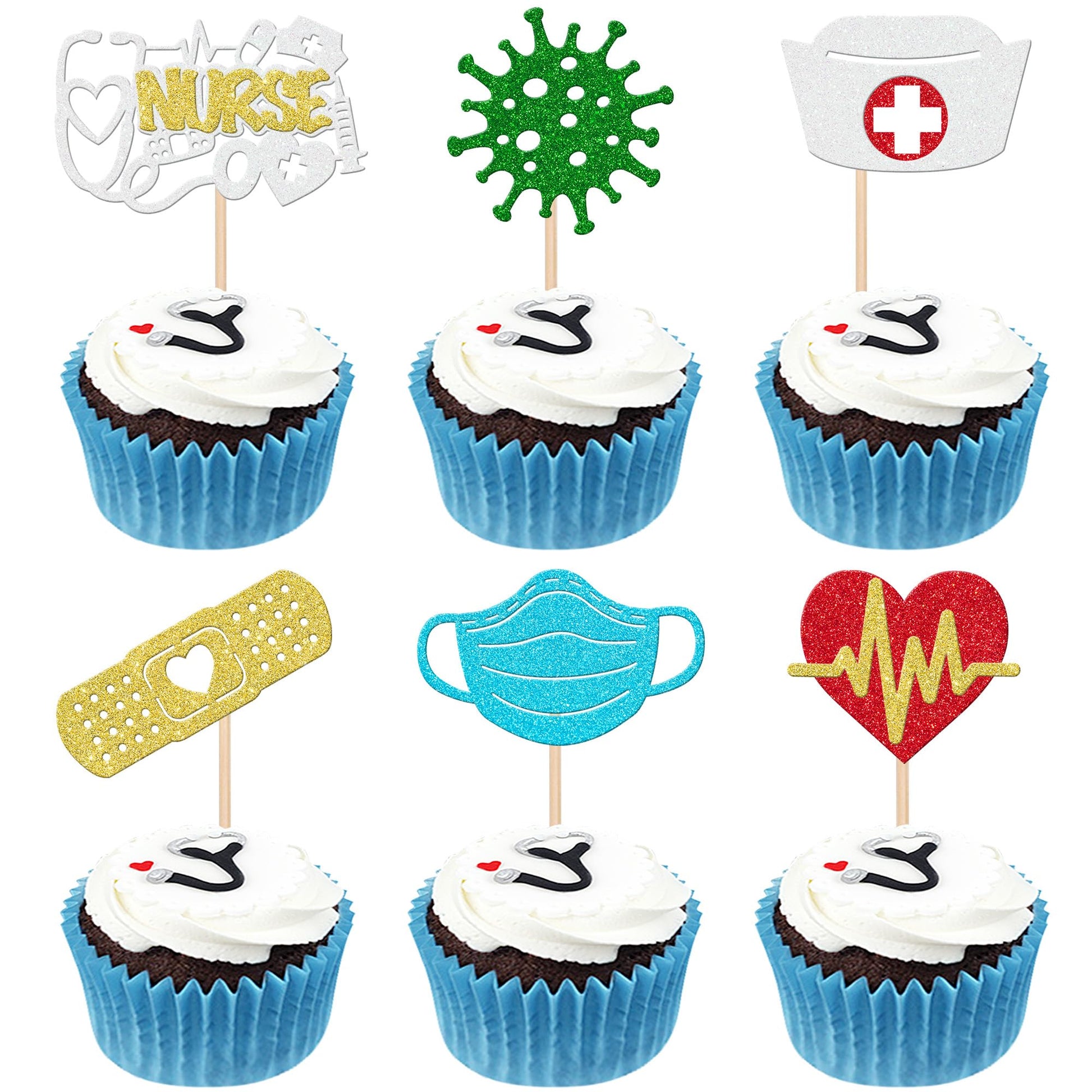 ZHUOWEISM Nurse Cupcake Toppers, 30 PCS Glitter Graduation Decorations, Cardstock, Design 5