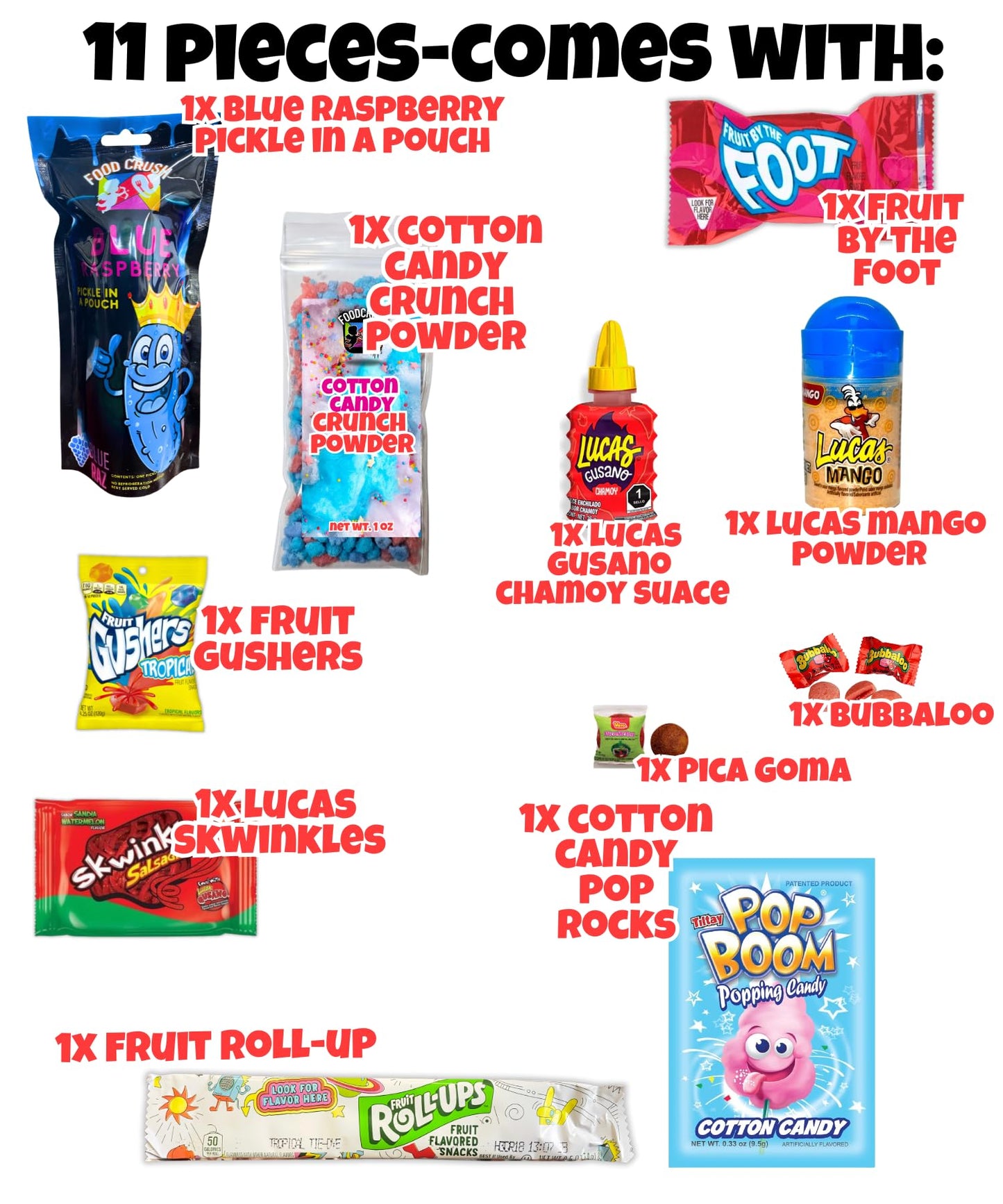Food Crush Cotton Candy Pickle Kit - 13 Pcs TikTok Candy Gift Pouch for Kids and Teens, Includes Fruit Roll Ups and Mexican Snacks