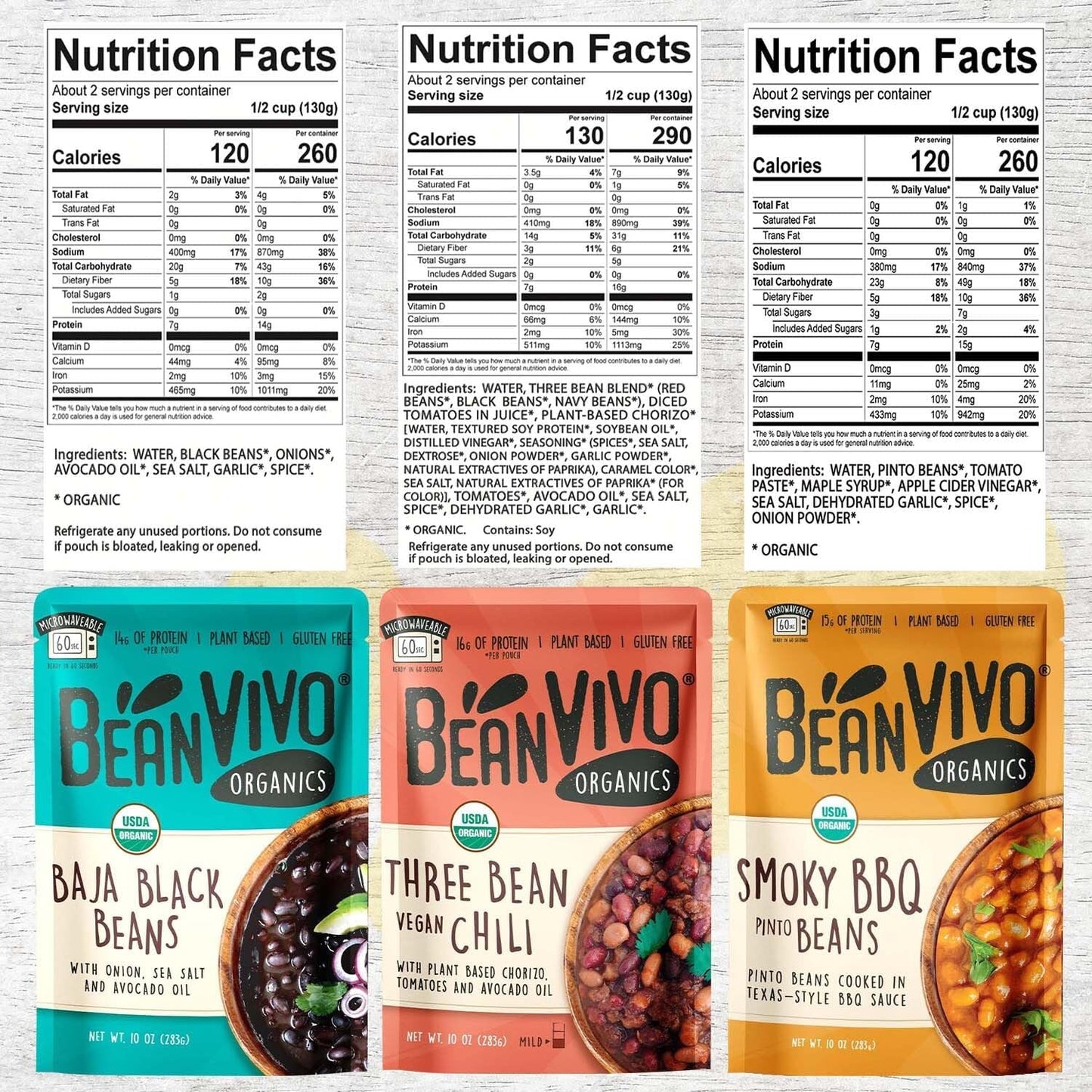 BeanVIVO - Variety 12 Pack (10 oz each) - Organic Baja Black Beans, Three Bean Vegan Chili, BBQ Pinto Beans - Seasoned & Ready t