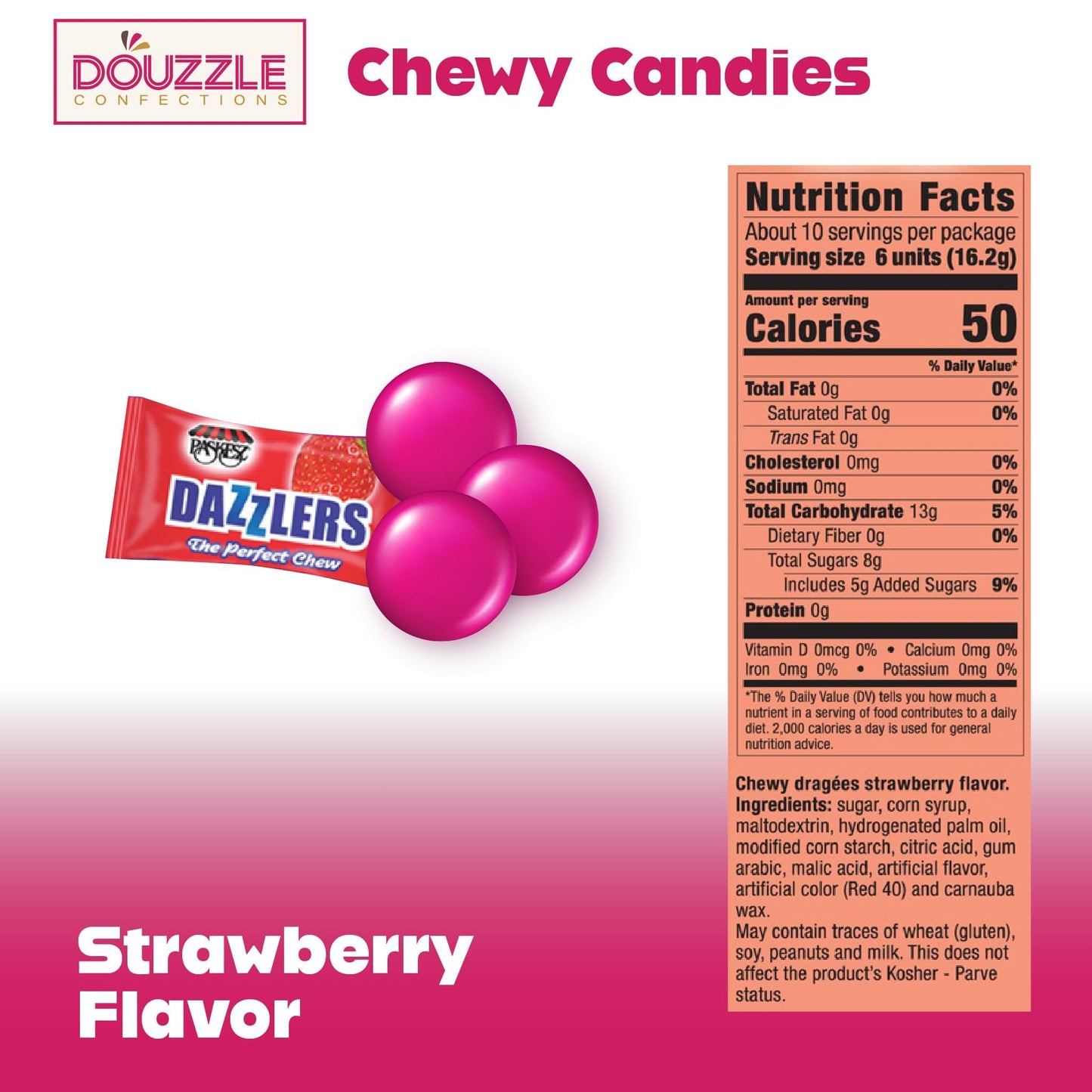 Douzzle Dazzlers Strawberry Chews, The Perfect Chew Candy (63 Count, Pack Of 1) Individually Wrapped Candies, Birthday Party Fav