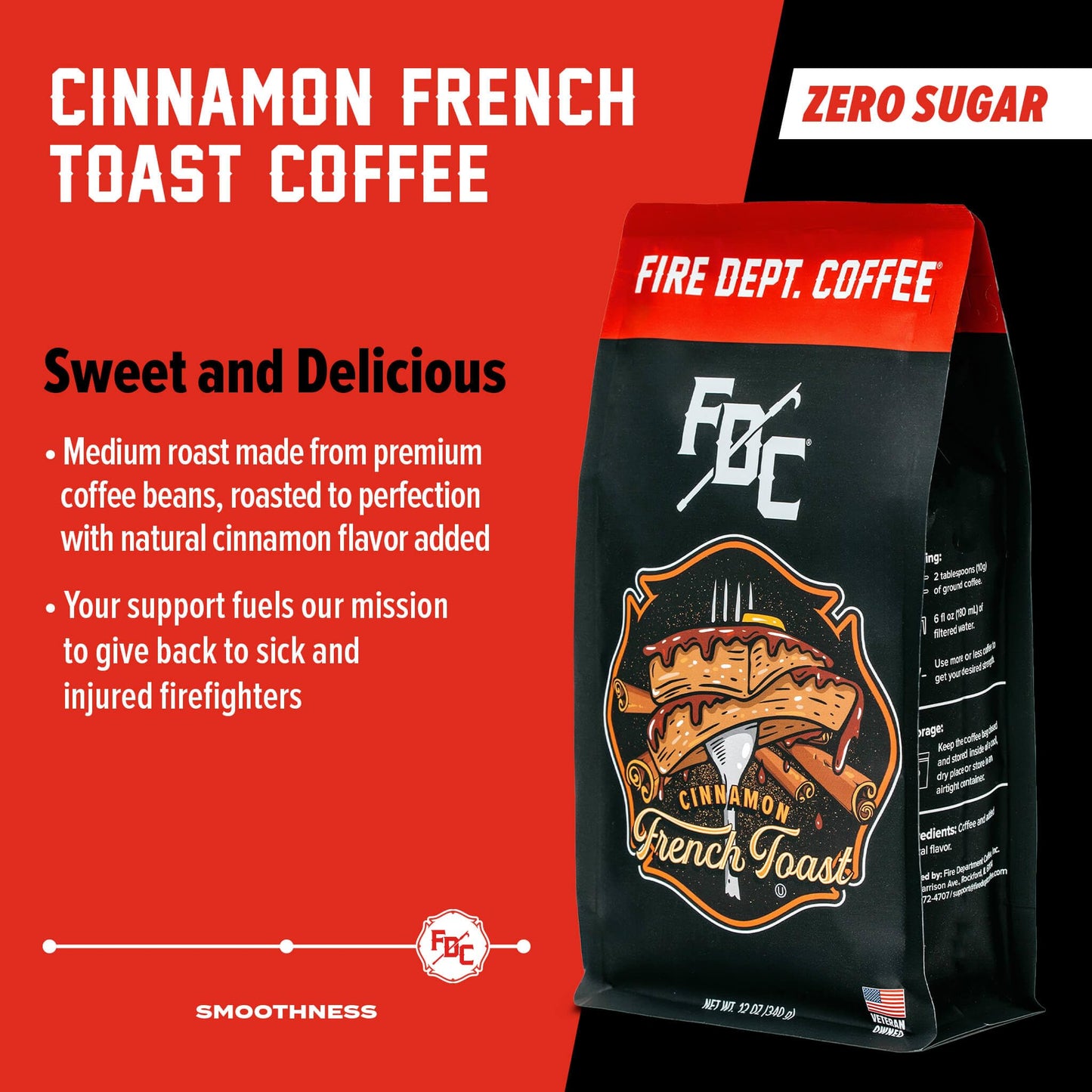 Fire Department Coffee - Gives Back to Firefighters - Cinnamon French Toast Ground Coffee - Roasted in the USA - Made with enhanced Coffee Beans - Veteran Owned -12 oz