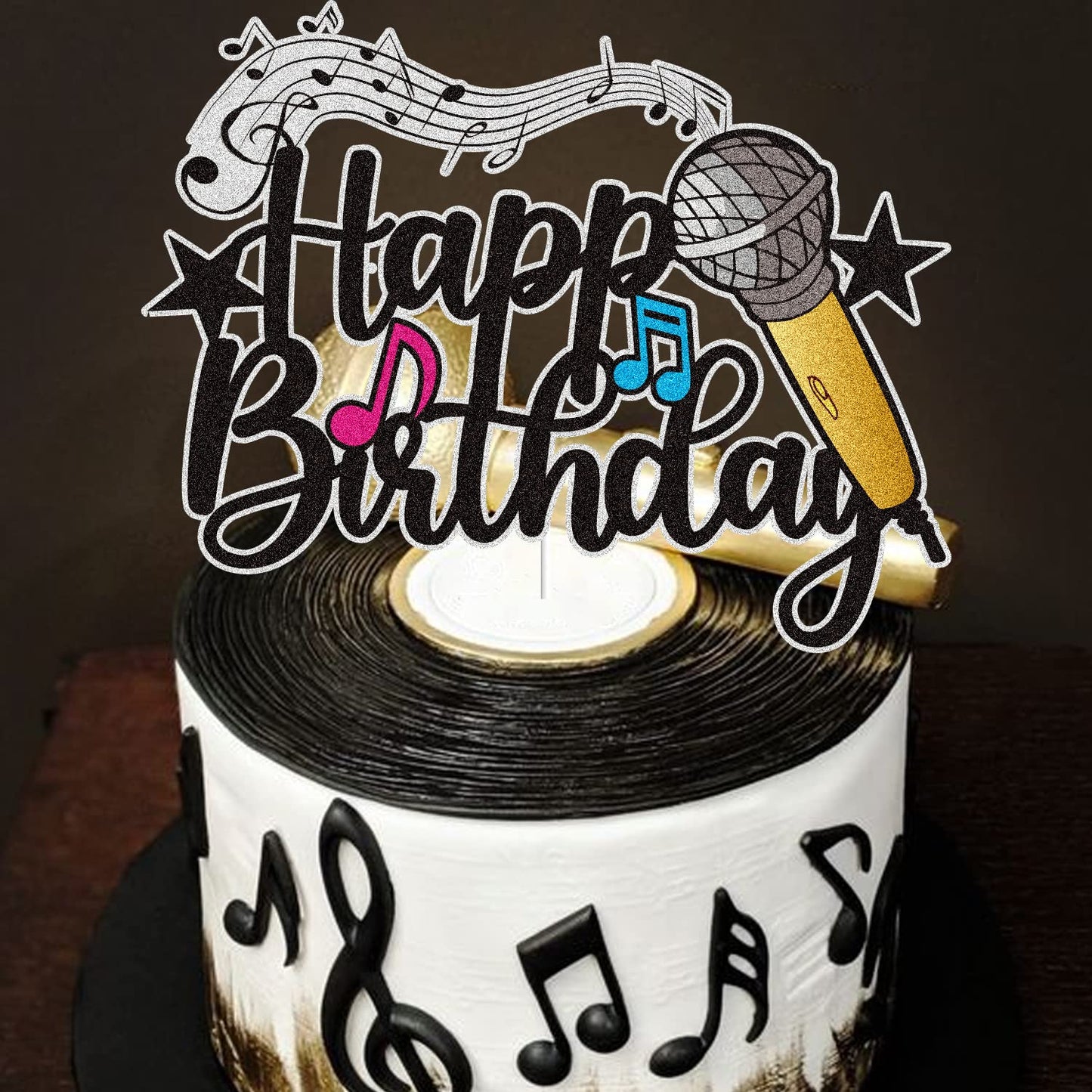 Microphone Happy Birthday Cake Topper Black Glitter Host Music Cake Decor Karaoke Musical Theme Birthday Party Supplies For Boys