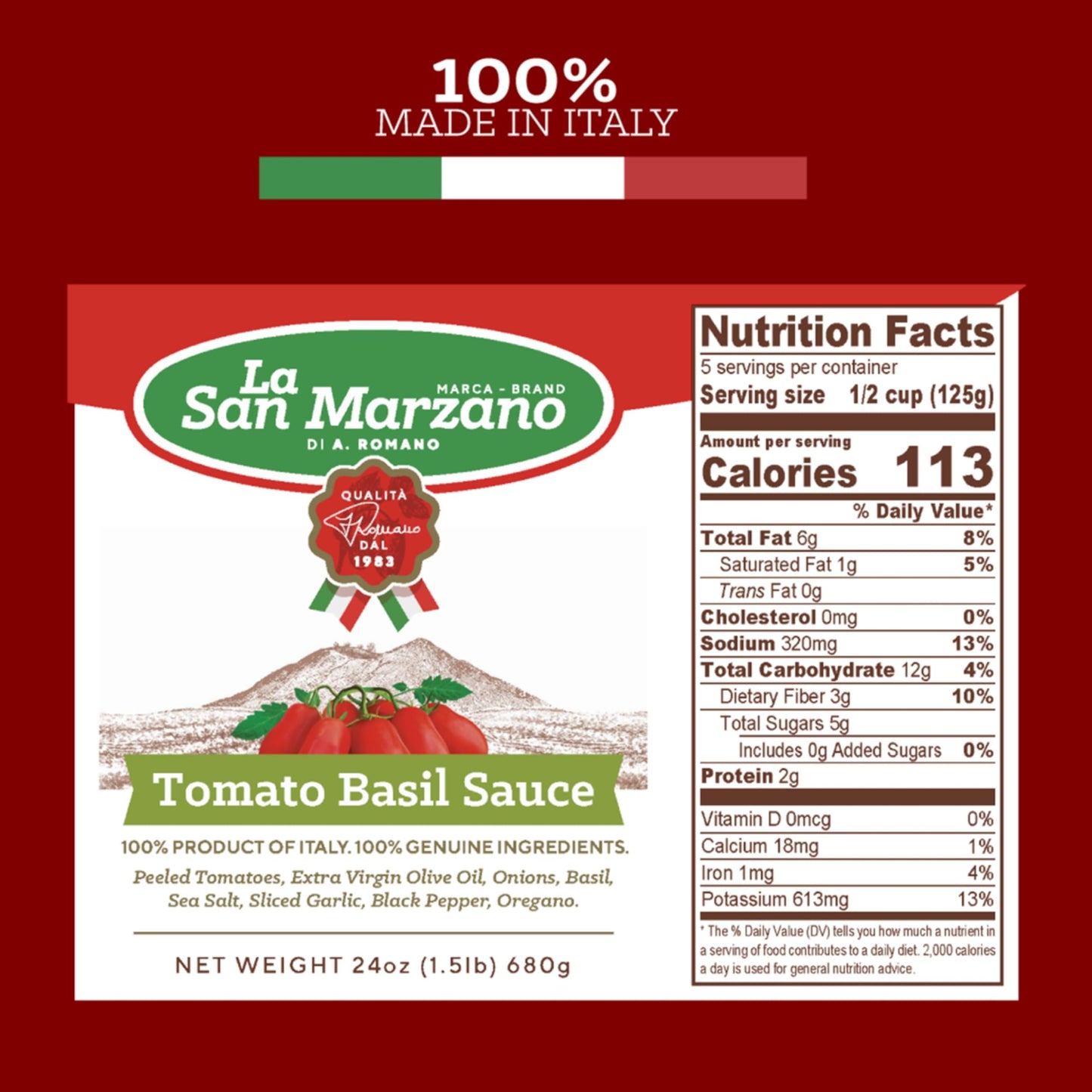 La San Marzano Tomato Basil Sauce, All Natural, Non-GMO, Vegan, Gluten Free, 24 oz (Pack of 6)