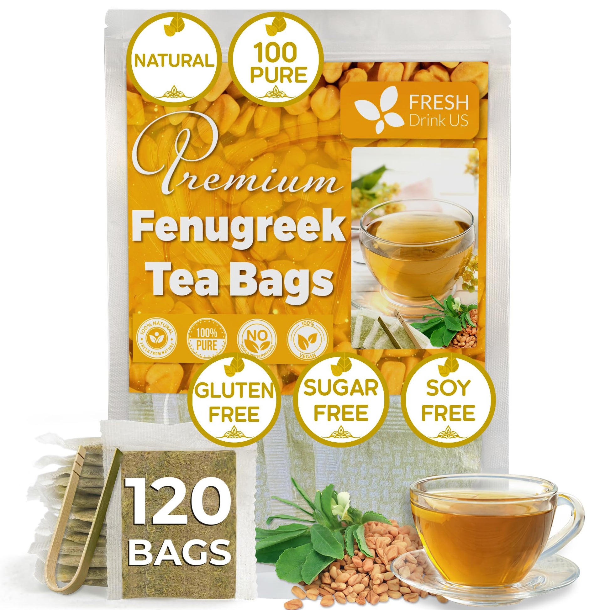FRESHDRINKUS Premium Fenugreek Herbal Tea - 120 Natural Tea Bags, No Sugar, No Caffeine, Vegan