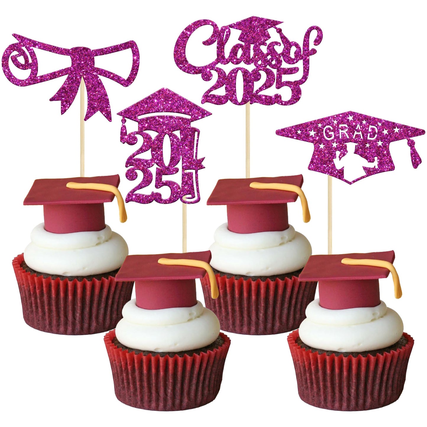 Gyufise 24Pcs Graduation Cupcake Toppers 2025 Purple Glitter Class of 2025 Cupcake Toppers 2025 Grad Cap Diploma Cupcake Picks f