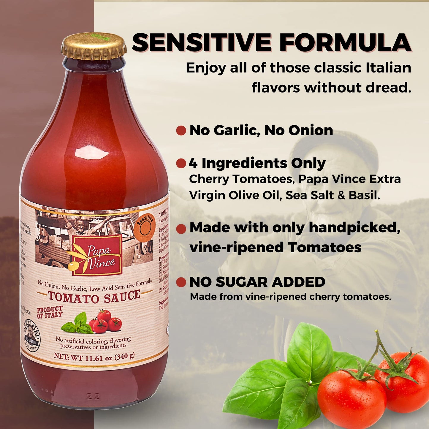 Papa Vince Pasta Tomato Sauce: Low Acid Garlic-Free Formula, Low Sodium, No Onion No Added Sugars. Non-Gmo Gluten Free. Organic
