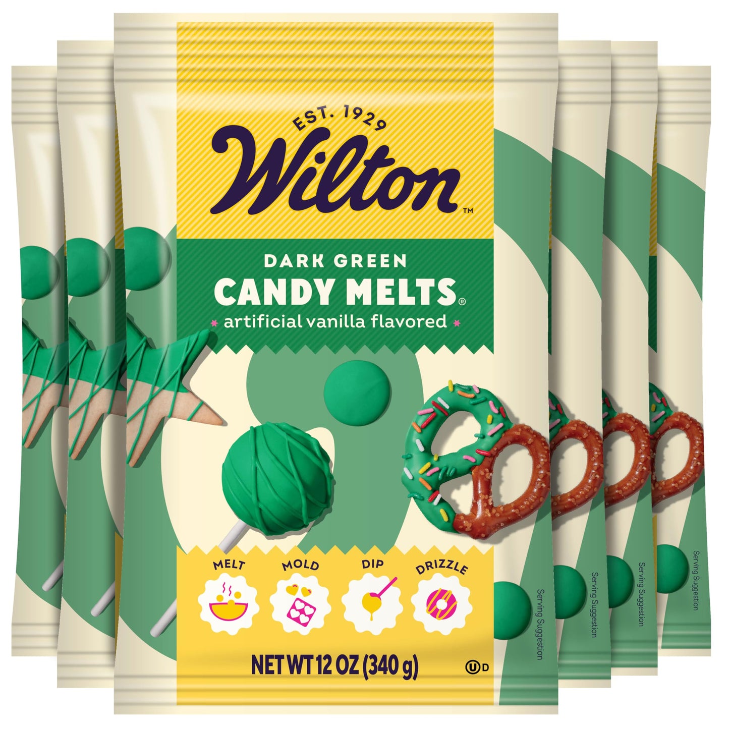 Wilton Melting Chocolate Dark Green Candy Melts for Cake Pops Candy Making Chips Vanilla Flavored 12oz., Pack of 6, Packaging Ma