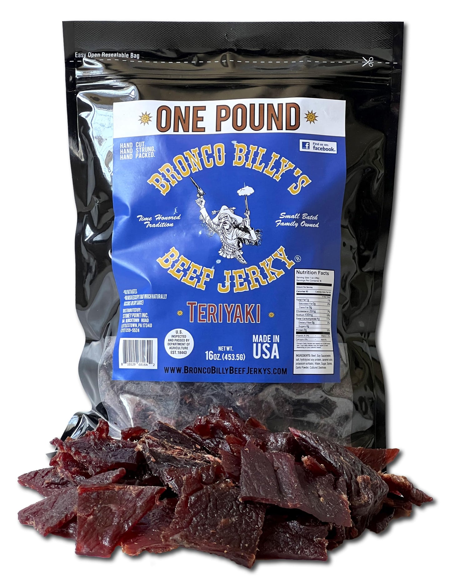 Bronco Billy's Beef Jerky Teriyaki One Pound Resealable Bag, Made in USA with Premium USDA Beef, Hand Cut, Hand Strung, Hand Pac