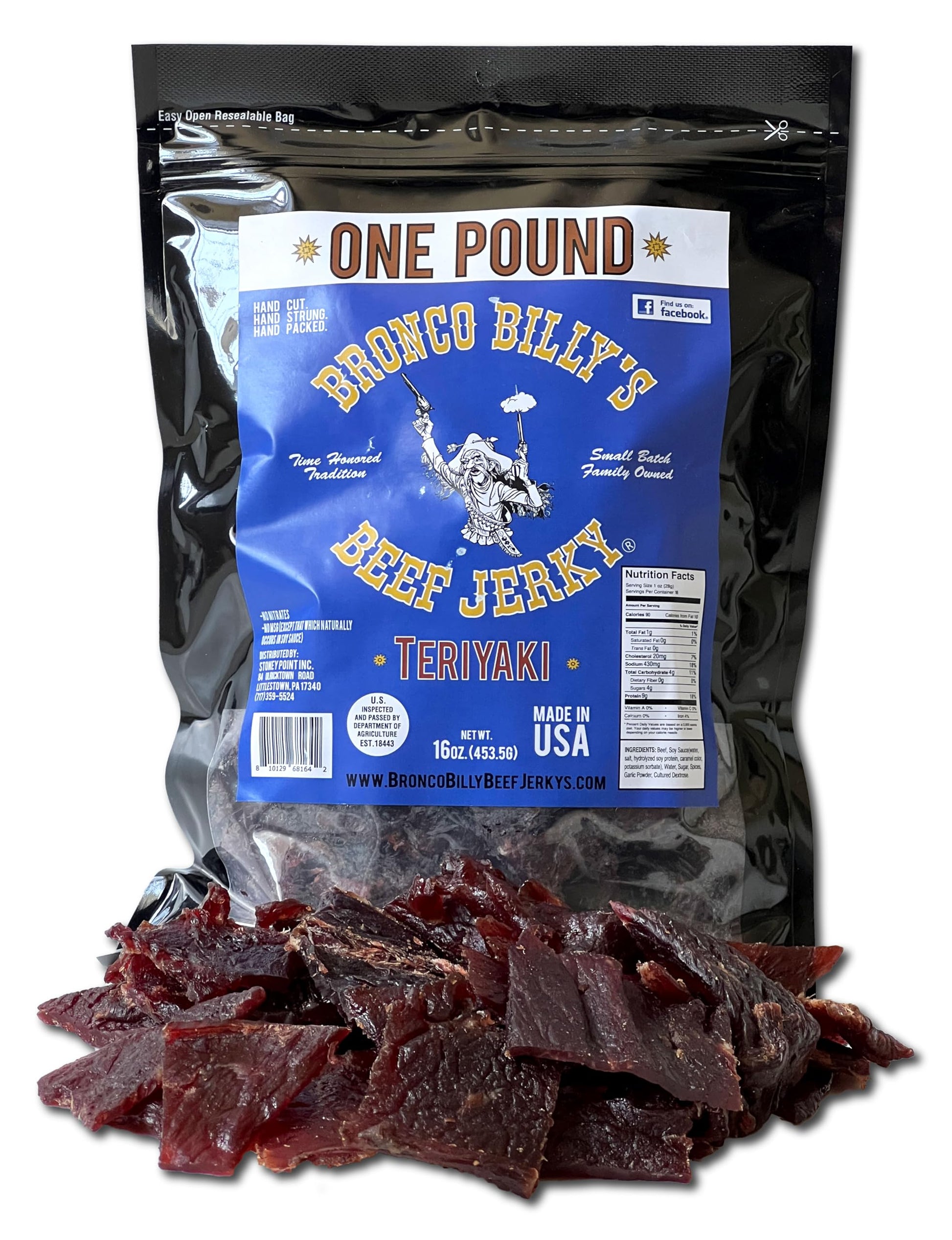 Bronco Billy's Beef Jerky Teriyaki One Pound Resealable Bag, Made in USA with Premium USDA Beef, Hand Cut, Hand Strung, Hand Pac