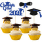 Gyufise 24Pcs 2024 Graduation Cupcake Toppers Blue Glitter Congrats Grad 2024 Diploma Cap Cupcake Picks Class Of 2024 Cake Decor