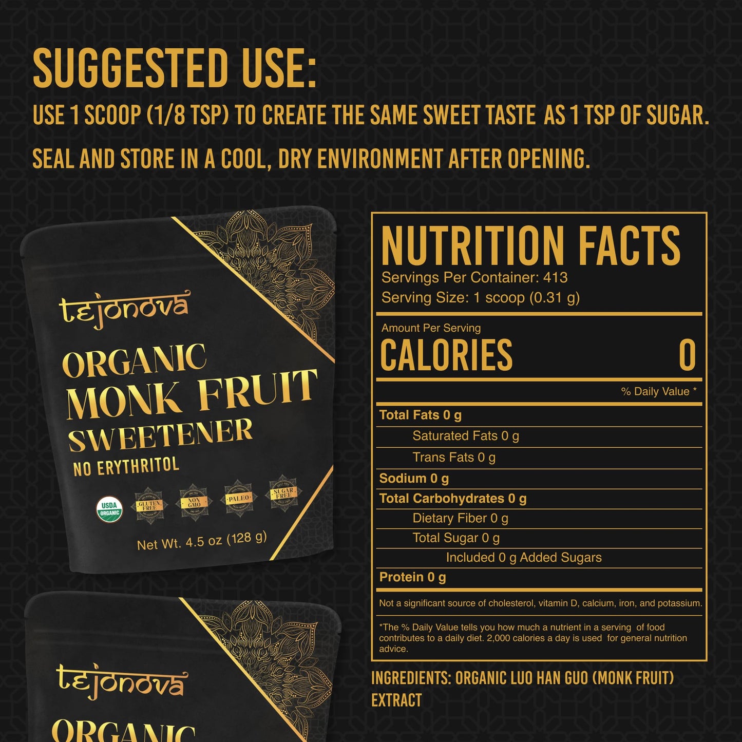 Tejonova Organic Monk Fruit Powder, Pure Sweetener, 4.5oz, No Erythritol, Monk Fruit Sugar Substitute