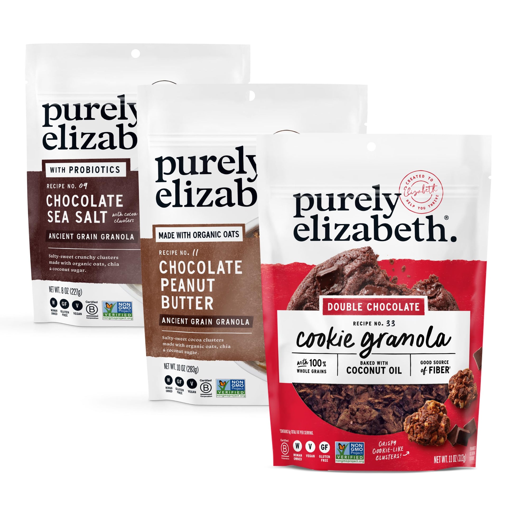 Purely Elizabeth Chocolate Lovers Variety Pack, Made with Organic Oats and Ancient Grains, Gluten-Free, Non-GMO (3 Ct)