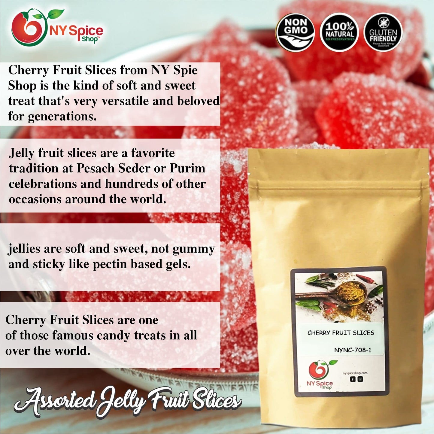 Ny Spice Shop Fruit Slices Jelly Candy - 1 Pound Cherry Candied Fruit - Fruit Candy Slices - Bulk Gummy Candy Slices - Old Fashi