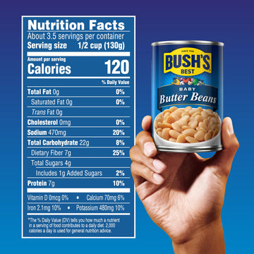 BUSHS BEST 16 oz Canned Baby Butter Beans, Source of Plant Based Protein and Fiber, Low Fat, Gluten Free, (Pack of 12)