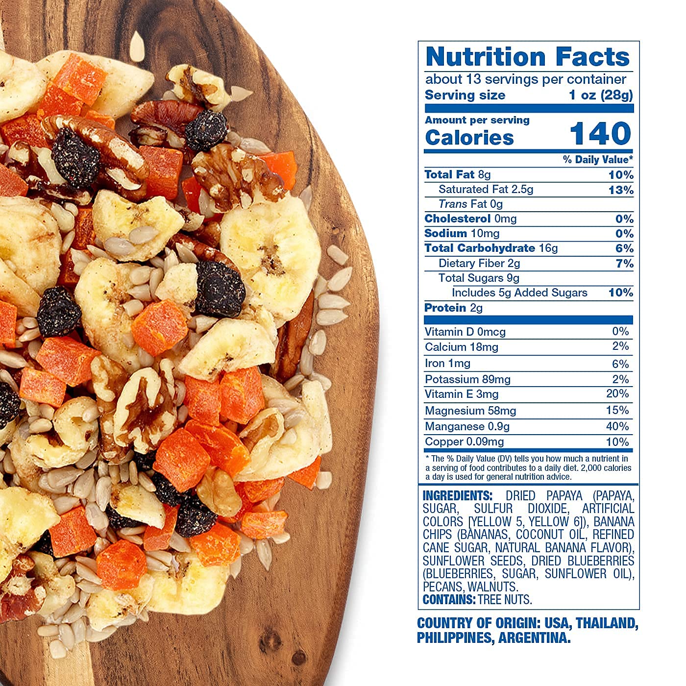 Sunkist® Antioxidant Trail Mix - Fruit, Nut And Seeds, Low Sodium, Gluten Free Snack With Papaya, Banana Chips, Pecans, Walnuts, Blueberries, Sunflower Seeds | Enhanced Quality | 13 Oz Resealable Bag