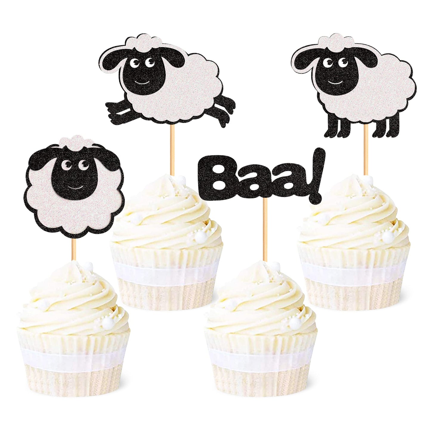 Ercadio 24 Pack Sheep Cupcake Toppers Black Glitter Farm Animals Cupcake Picks Sheep Baa Cupcake Decors Sheep Theme Baby Shower 