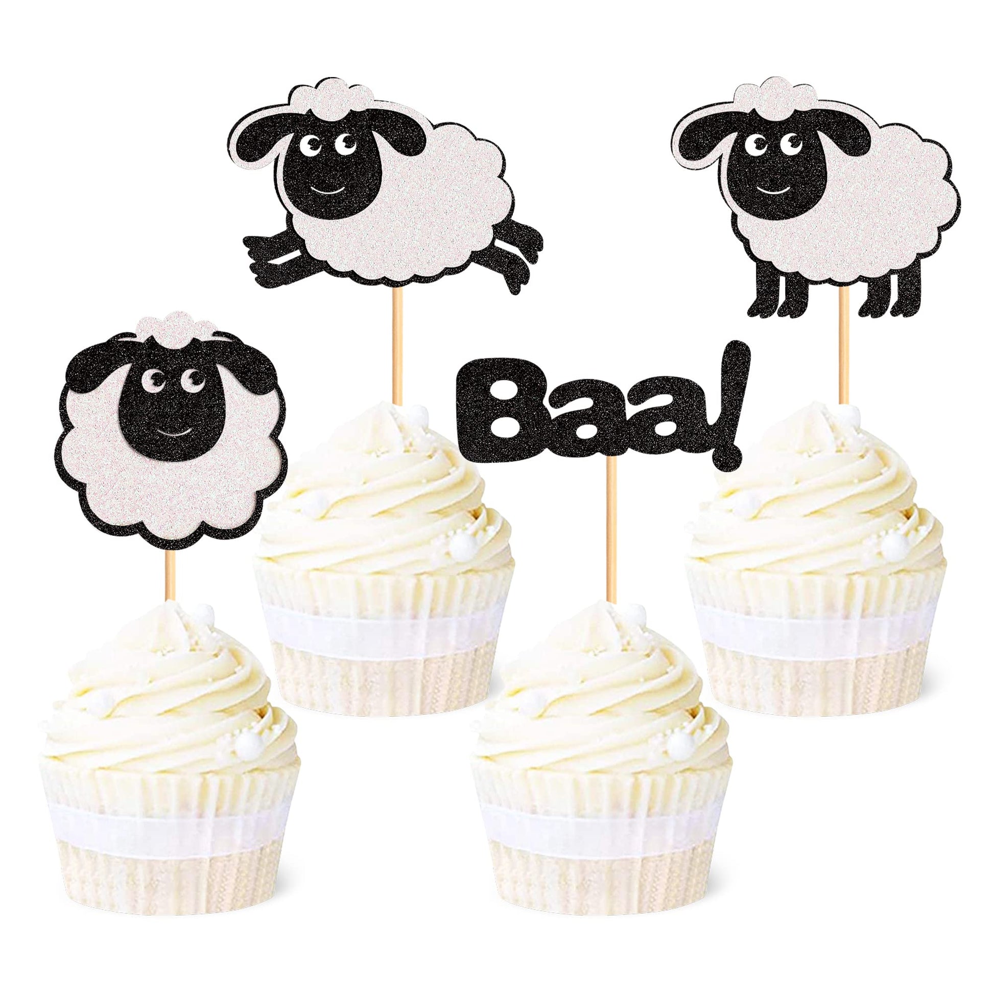 Ercadio 24 Pack Sheep Cupcake Toppers Black Glitter Farm Animals Cupcake Picks Sheep Baa Cupcake Decors Sheep Theme Baby Shower 