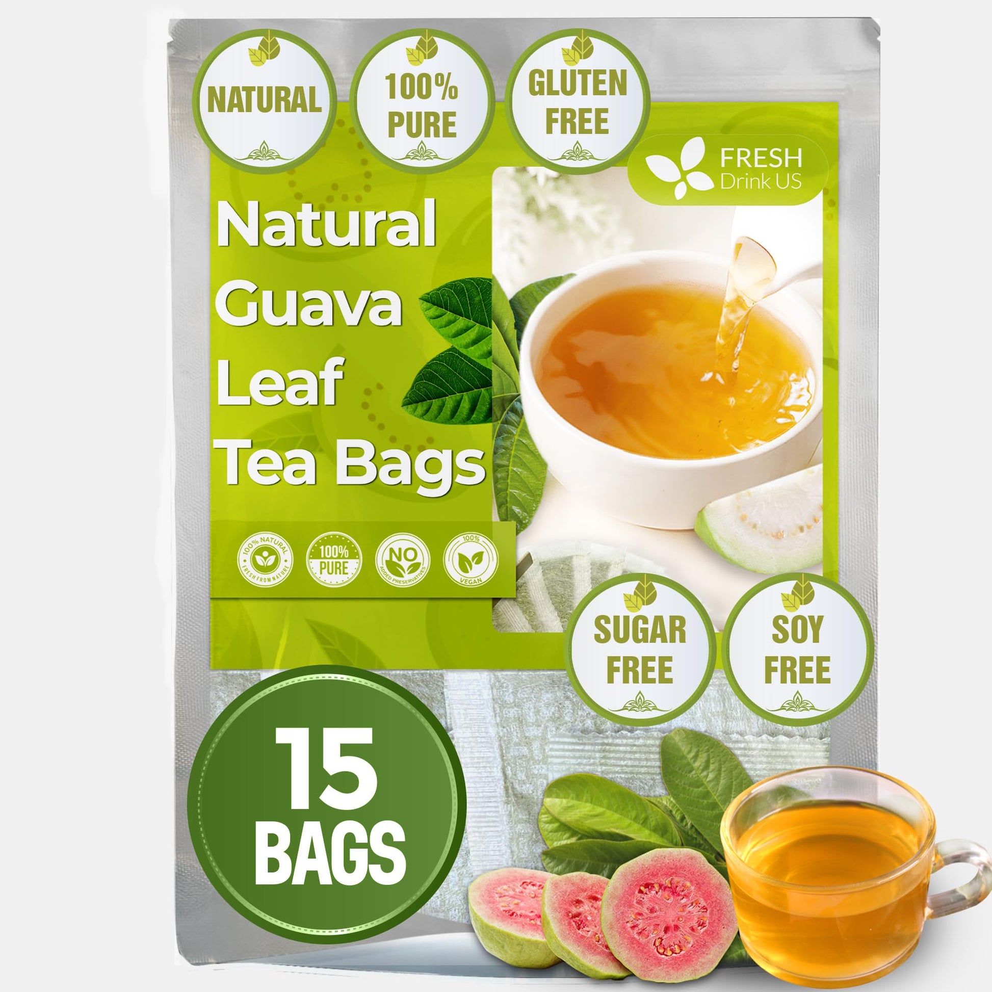 FRESHDRINKUS Guava Leaf Tea Bags, 100% Natural Herbal Tea, Vegan, 15 Bags