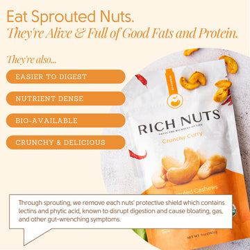 RICH NUTS Crunchy Curry Sprouted Cashews, Vegan, Paleo, Keto, Non-Roasted, 5 Oz Bag (2 Pack)