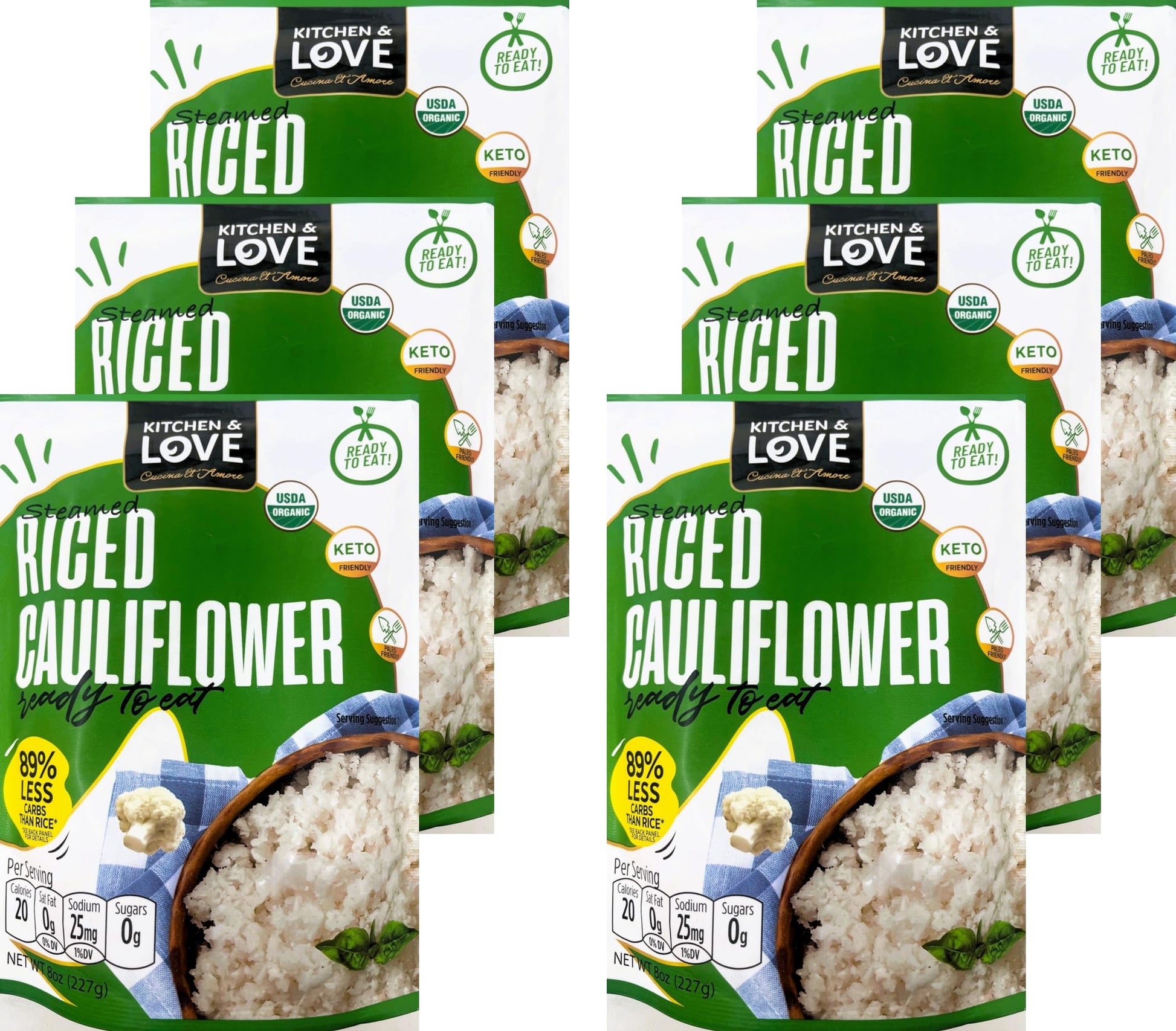 Kitchen & Love Organic Riced Cauliflower 8 oz (6 Pack) | Low Carb, Low Calorie, Healthy Rice Alternative, Vegan, Gluten Free, Re