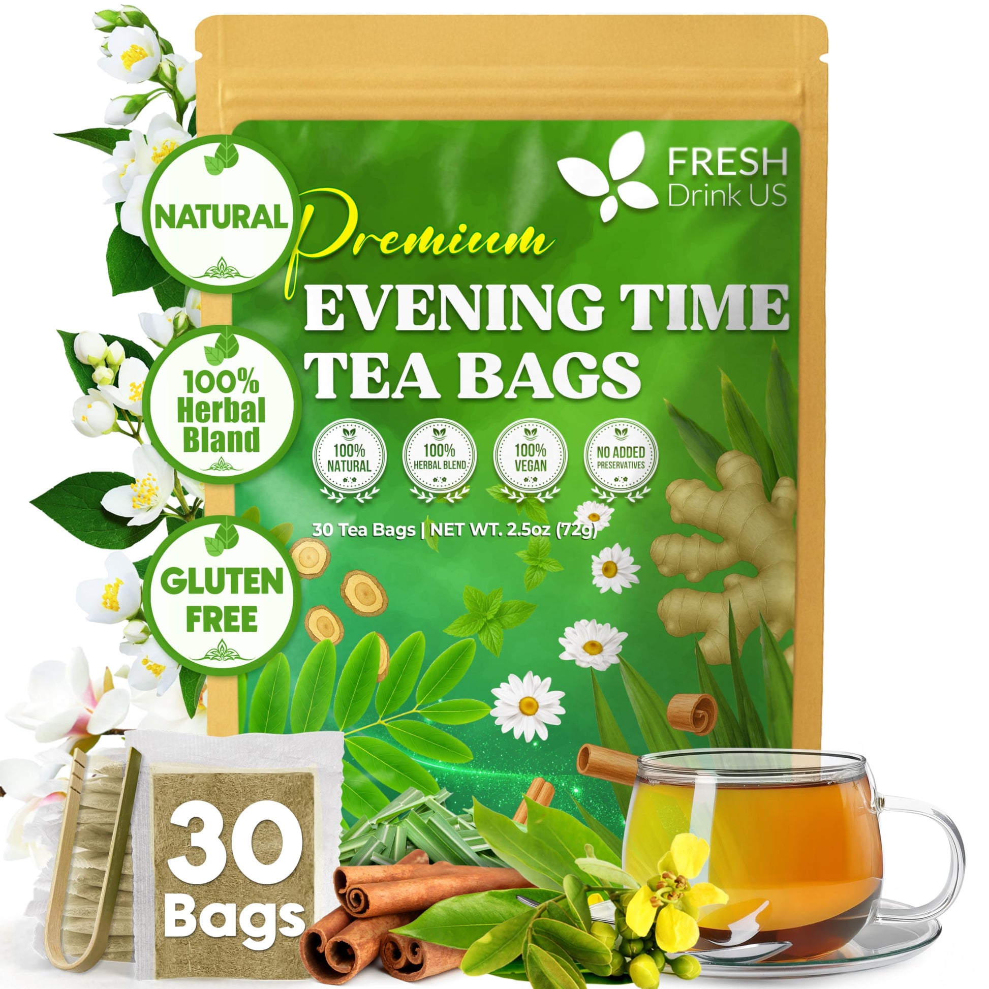Freshdrinkus  Evening Time Herbal Tea - 30 Tea Bags - Energy Blend-Free Blend With Senna  Peppermint  Chamomile  Licorice  Flavor Blendger  Reishi Mushroom - Relaxing Herbal Infusion - Non-Gmo & Natural